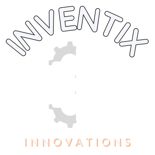 Logo for Inventix Innovations featuring a minimalist line-art brain on the right side and interlocking mechanical gears on the left, symbolizing the intersection of human intelligence and automation.